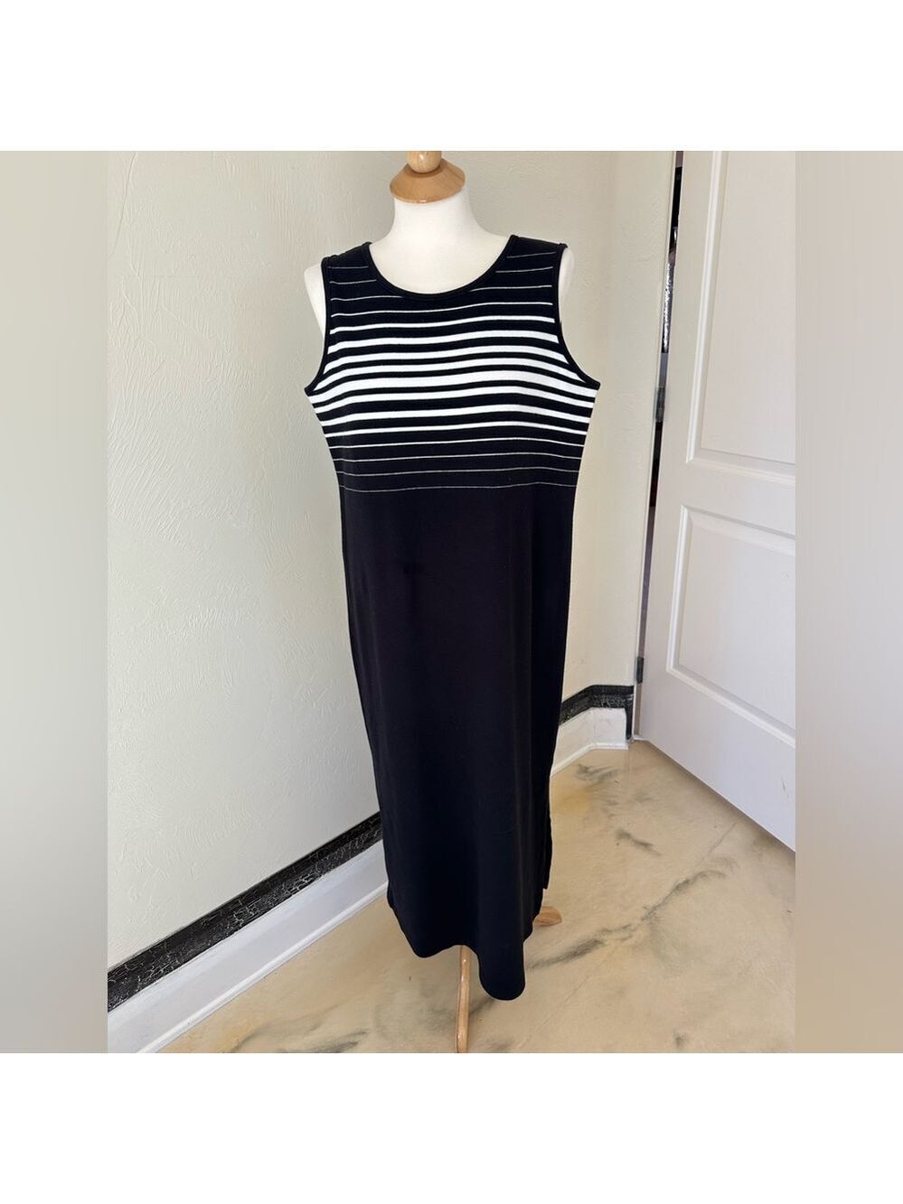 Talbots Black White Striped Midi Dress Size L Sleeveless Classic Minimal